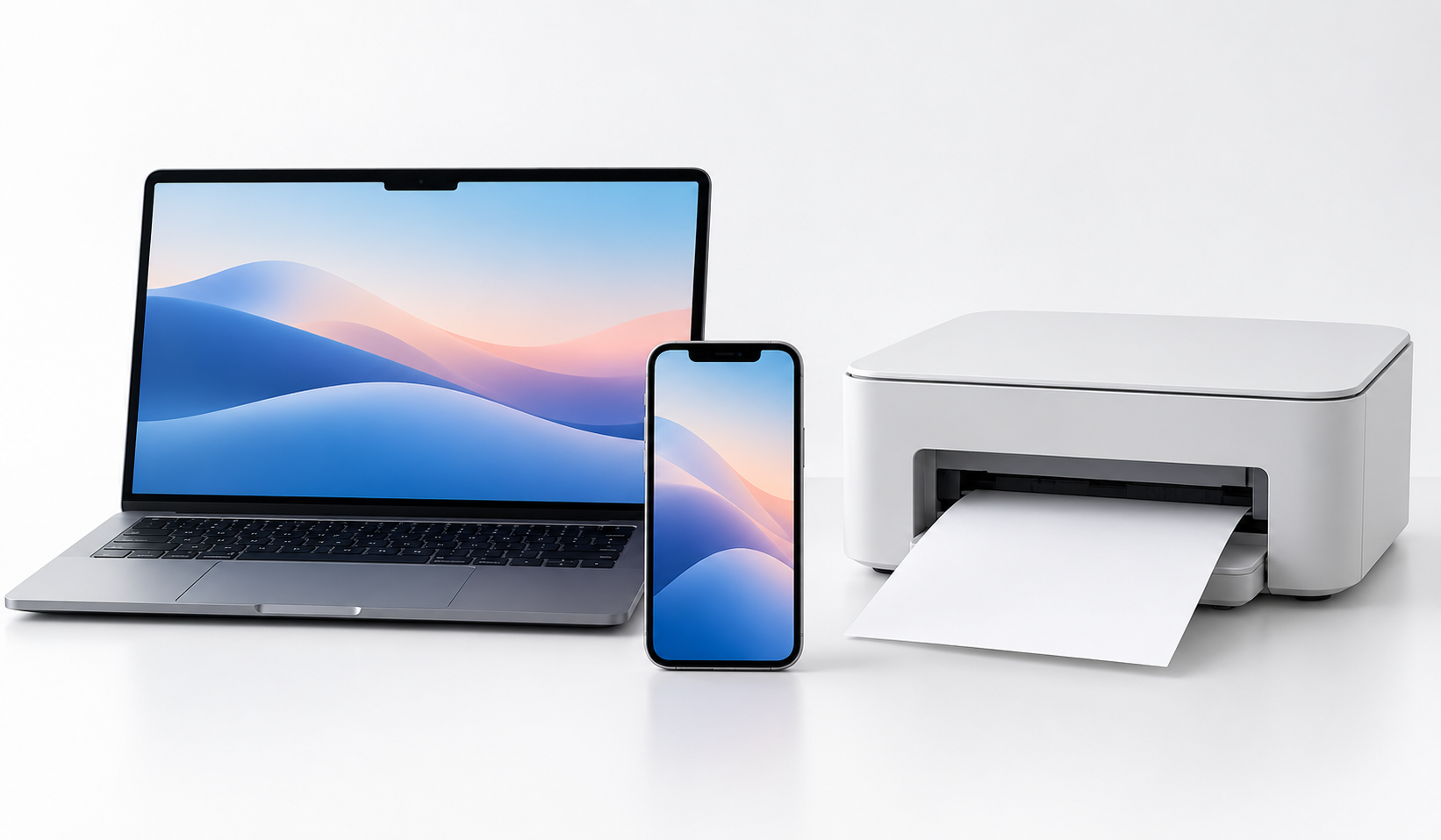 MacBook, iPhone, and wireless printer arranged on a clean white background for Mac and iPhone printing setup.