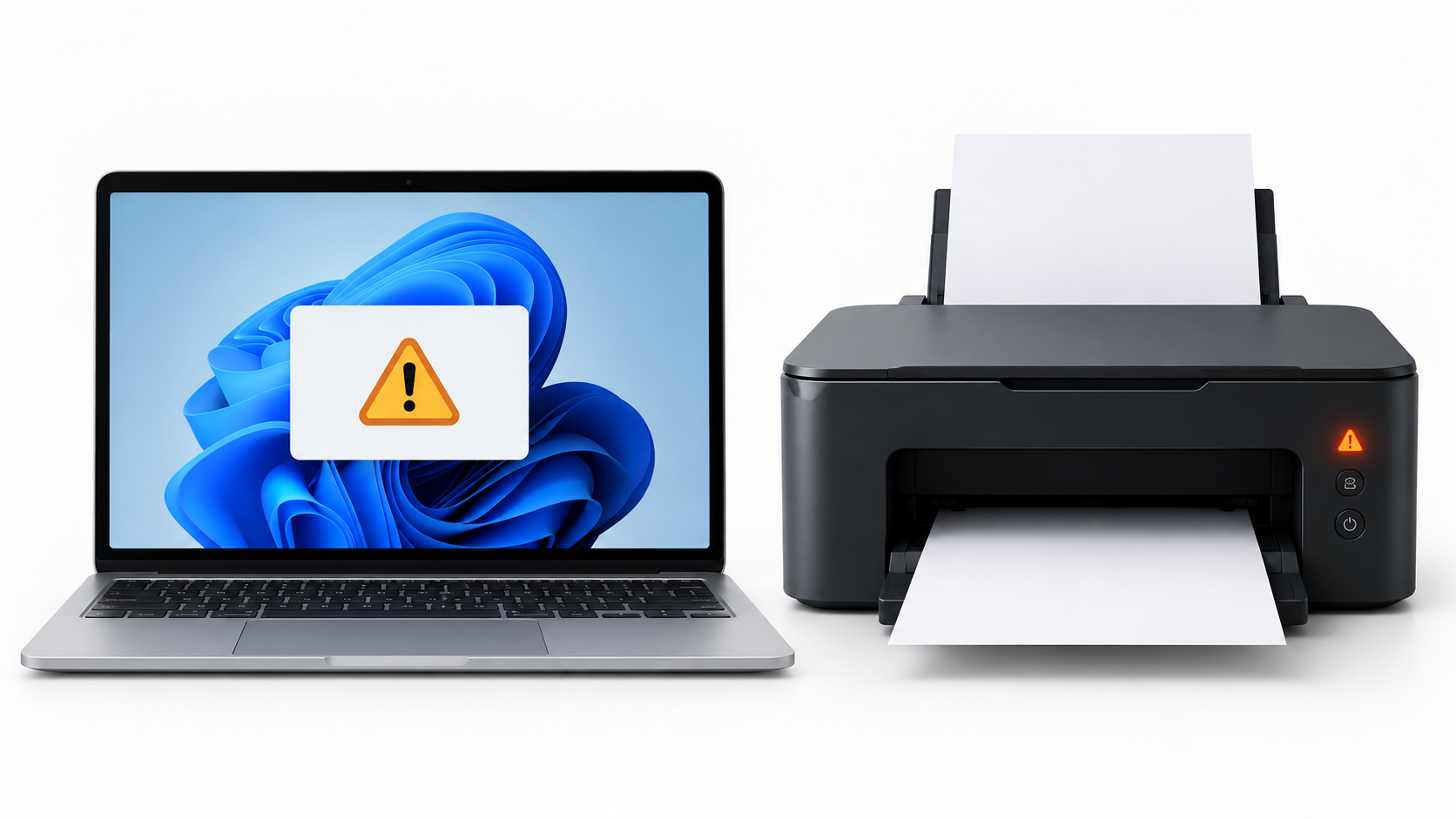 Windows laptop with printer error warning and wireless printer troubleshooting setup on a clean white background.