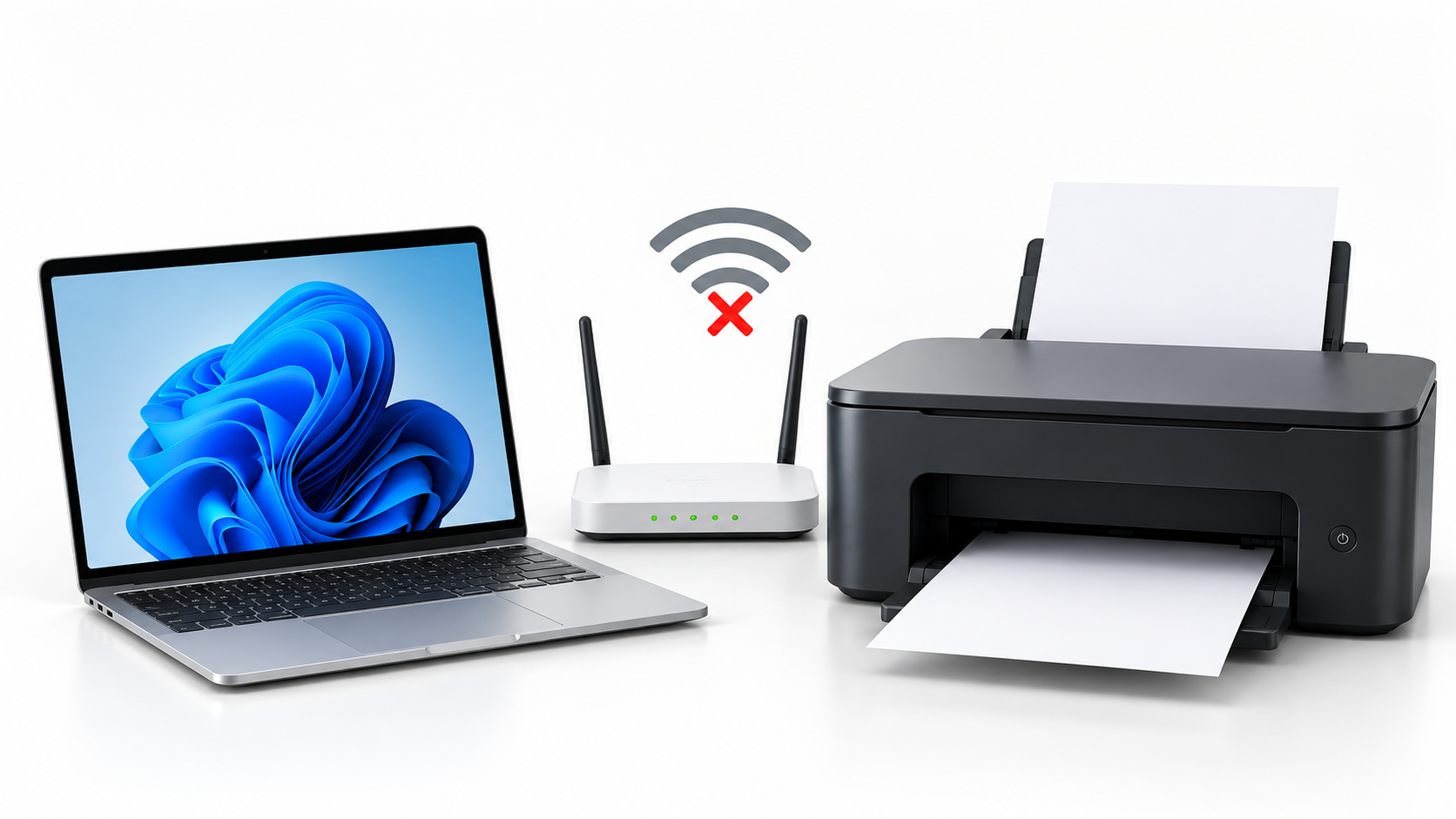 Wi-Fi printer connection problem with laptop, wireless router, and printer showing a disconnected Wi-Fi signal on a clean white background.