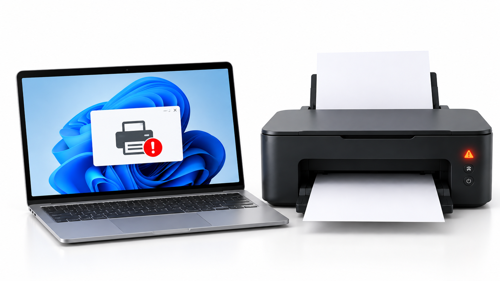 Printer offline error shown on a Windows laptop beside a wireless printer with a warning light on a clean white background.