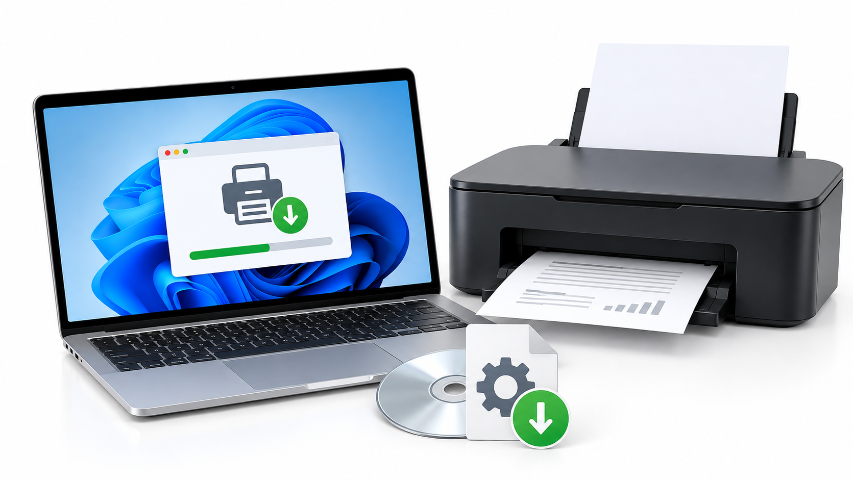 Printer driver download and installation shown on a Windows laptop beside a printer on a clean white background.