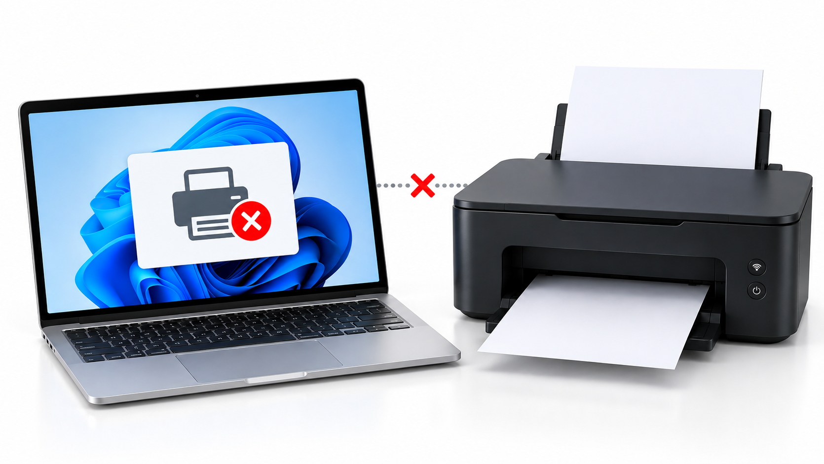 Printer not found error shown on a Windows laptop beside a wireless printer with a disconnected connection symbol on a white background.