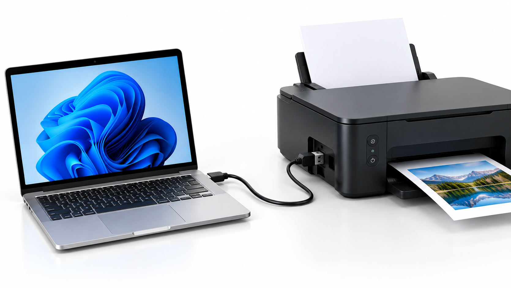 USB printer connection setup showing a laptop connected directly to a printer with a USB cable on a clean white background.