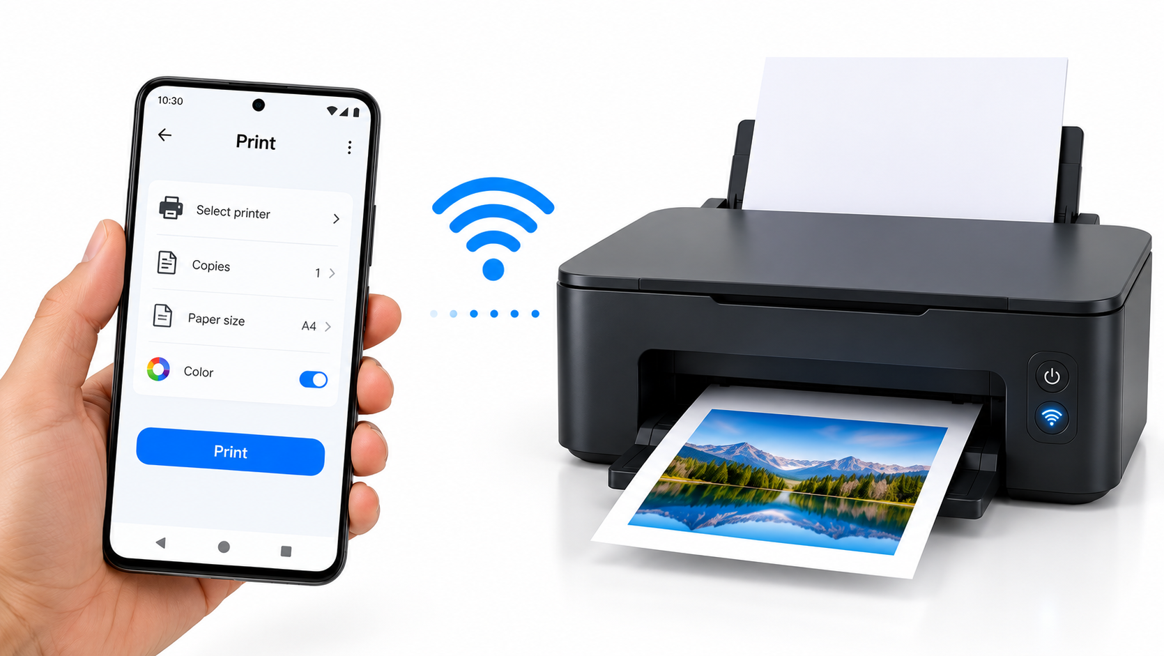 Android phone printing wirelessly to a Wi-Fi printer with a photo coming out on a clean white background.