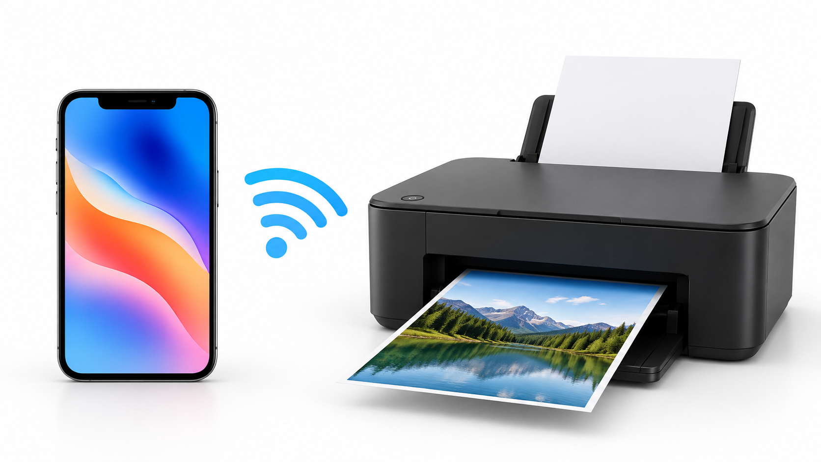 iPhone connected via Wi-Fi to a wireless printer printing a photo on a clean white background.