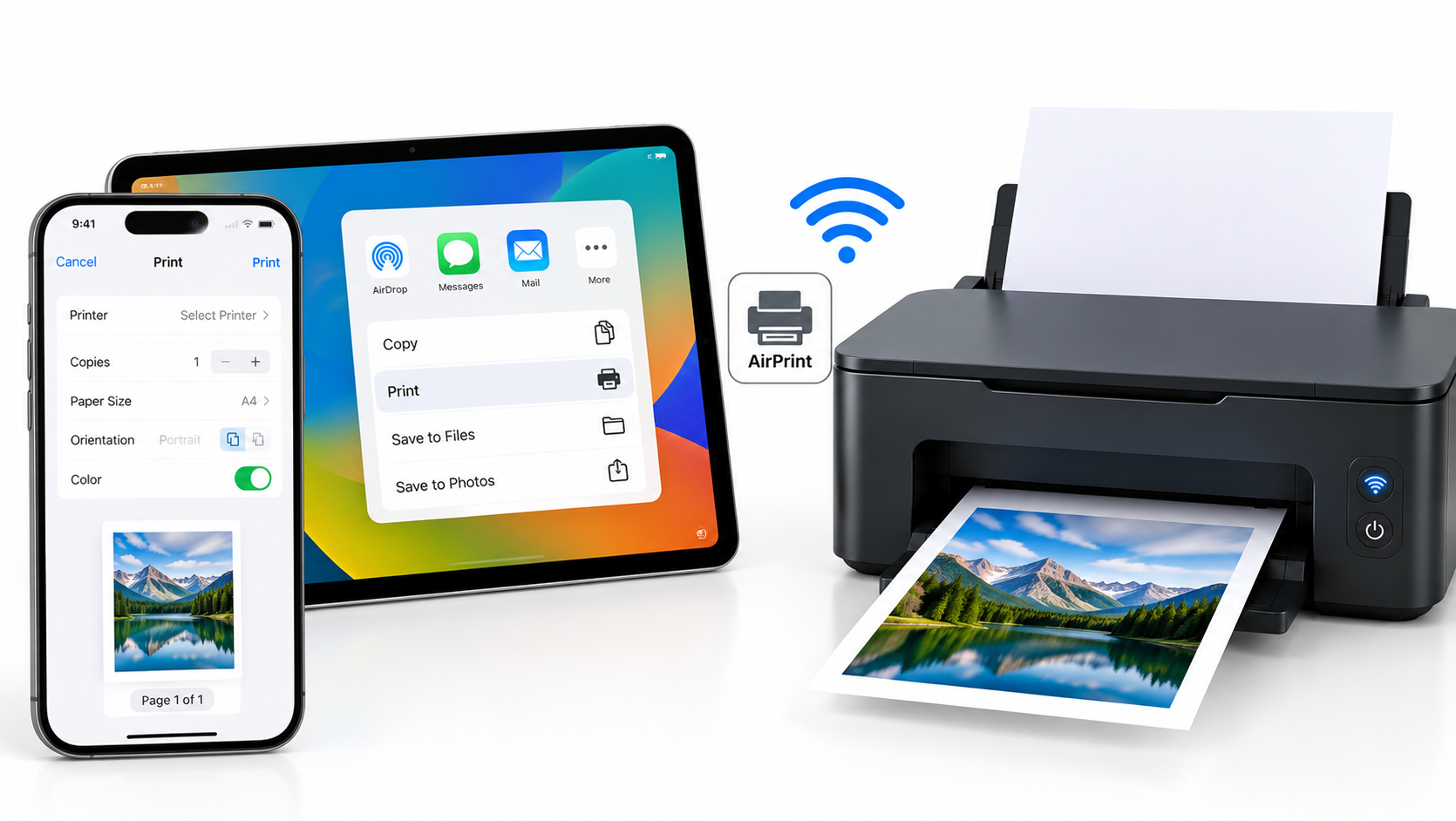 iPhone and iPad using AirPrint to print wirelessly to a compatible printer on a clean white background.