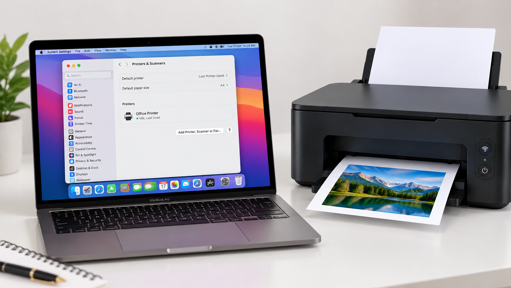 MacBook showing Printers and Scanners settings beside a connected wireless printer printing a photo on a clean desk.