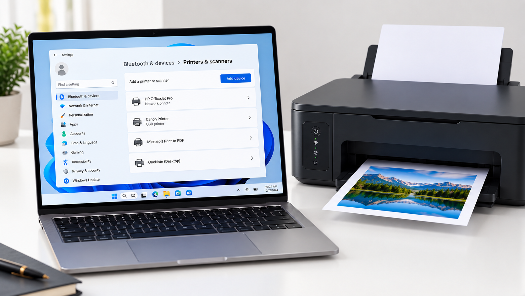 Windows 11 laptop showing Printers and Scanners settings beside a connected printer printing a photo on a clean desk.