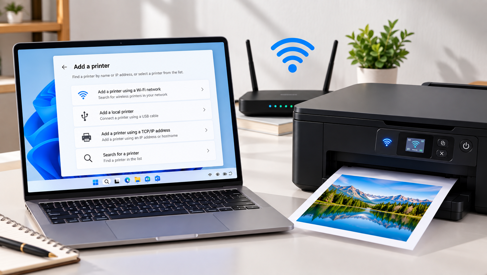 Wi-Fi printer setup with a Windows 11 laptop, wireless router, and connected printer printing a photo on a home network.