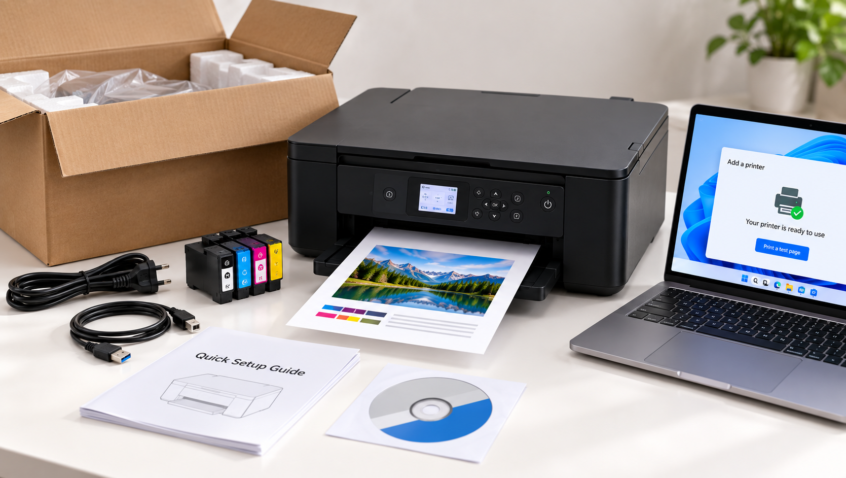 New printer setup from unboxing to first test page with printer, laptop, ink cartridges, cables, and setup guide.