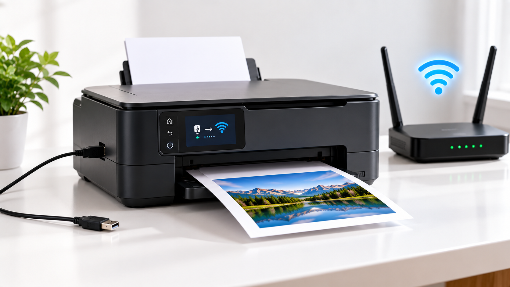Printer switching from USB connection to Wi-Fi with a wireless router and printed test photo on a clean desk.