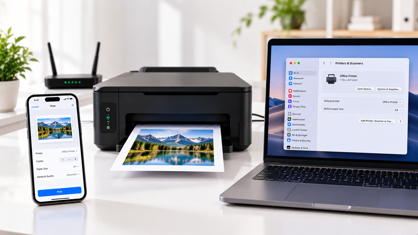 MacBook and iPhone connected to a wireless printer using AirPrint on a clean home office desk.