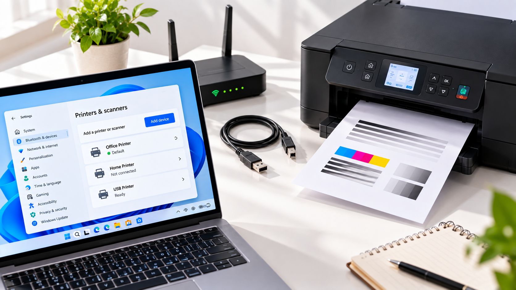 Windows 11 printer setup showing printer selection, Wi-Fi and USB connection options, and a test page printing on a clean office desk.