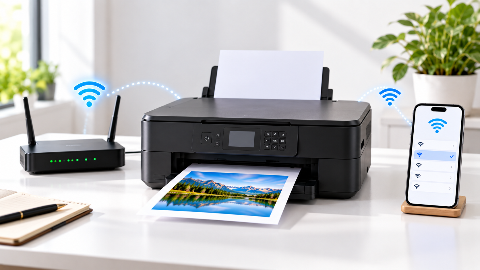 Wireless printer setup using home Wi-Fi and Wi-Fi Direct with a router, smartphone, and printer on a clean office desk.