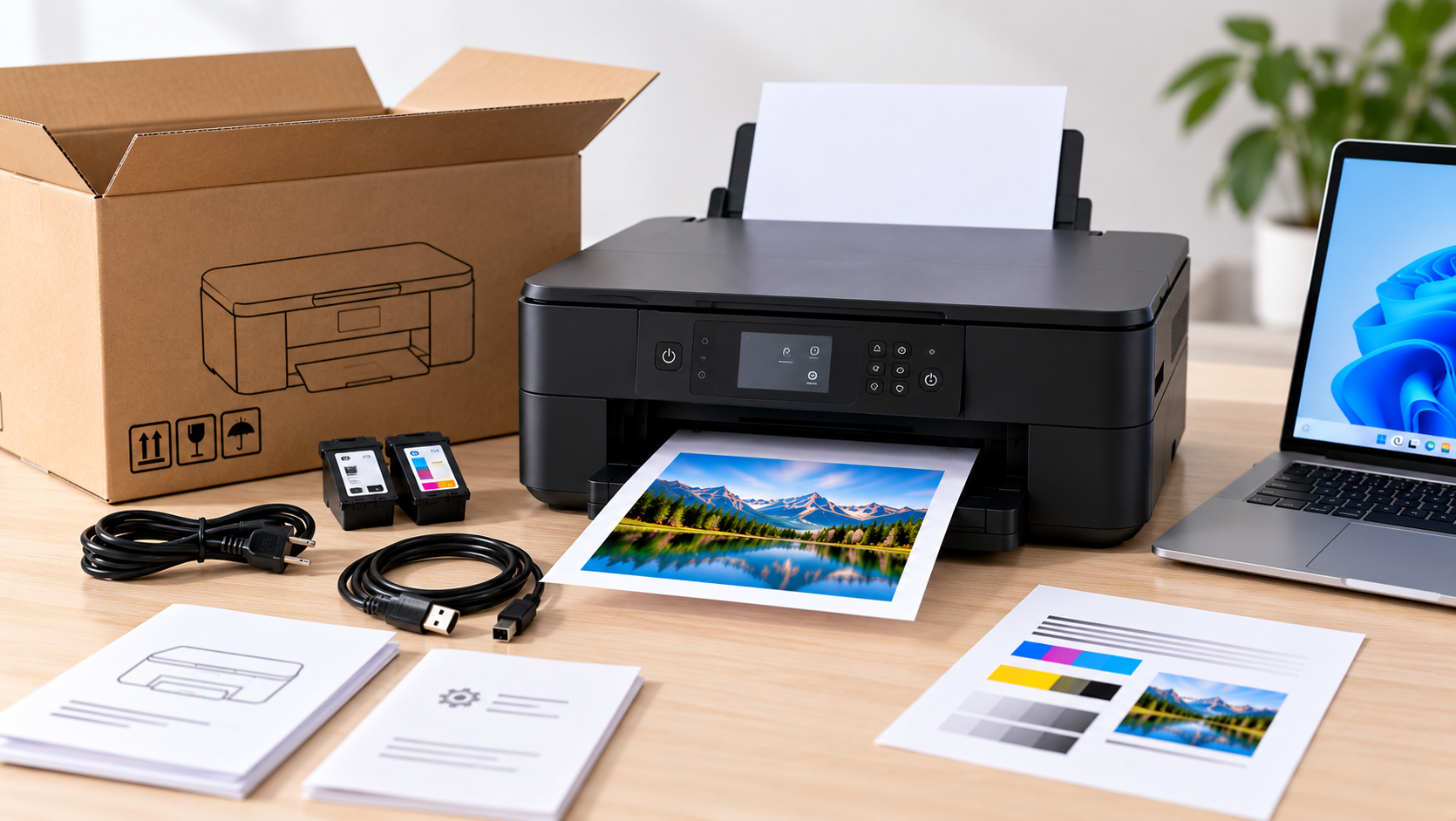 Printer setup checklist showing unboxing, ink cartridges, cables, paper loading, laptop connection, and the first test page.