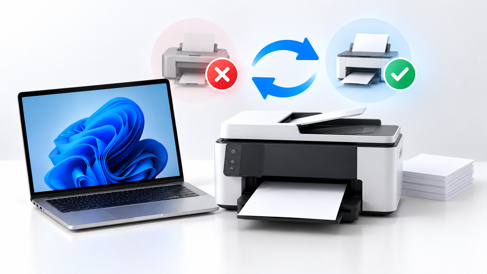 Windows 11 laptop with a printer removal and reinstallation concept, showing a printer being removed, refreshed, and successfully reinstalled.