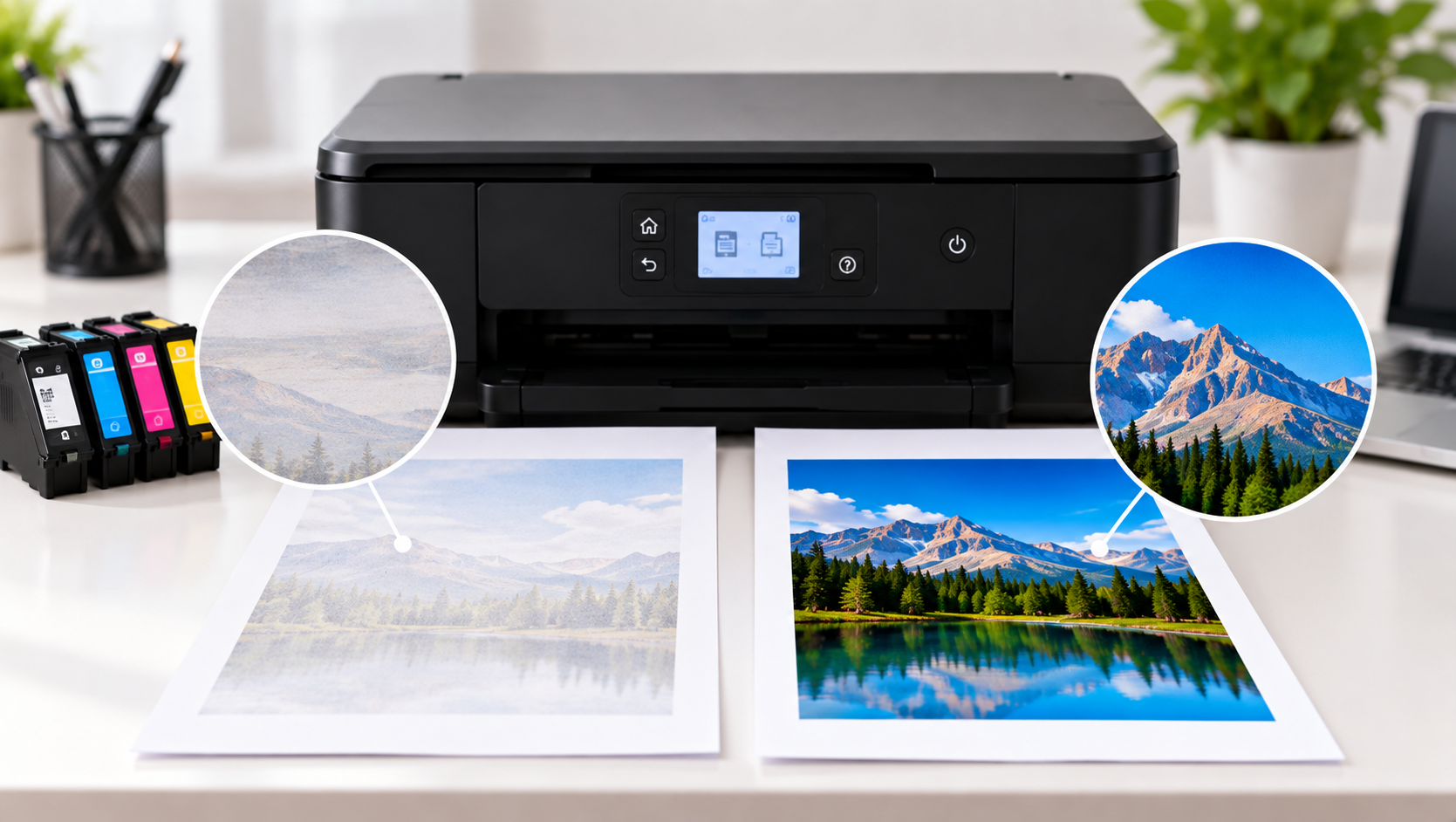 Printer printing faded pages compared with a clear, vibrant print beside ink cartridges on a clean office desk.