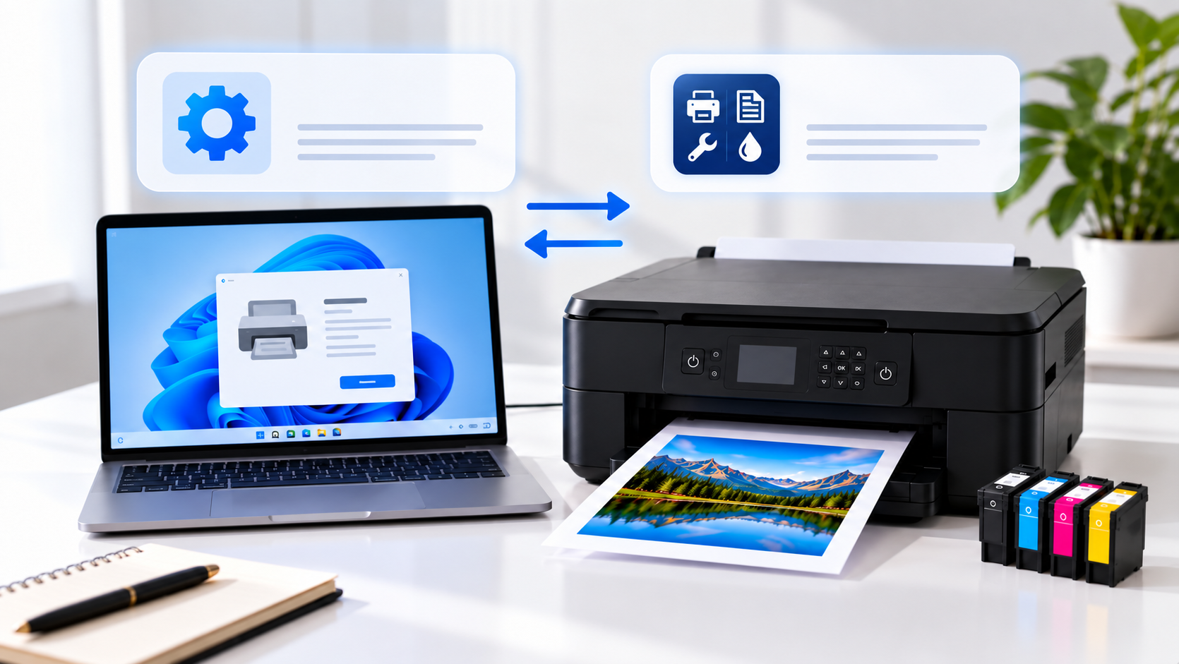 Laptop and printer connected with blue arrows, showing printer driver and software icons, with printed pages and ink cartridges on a clean office desk.