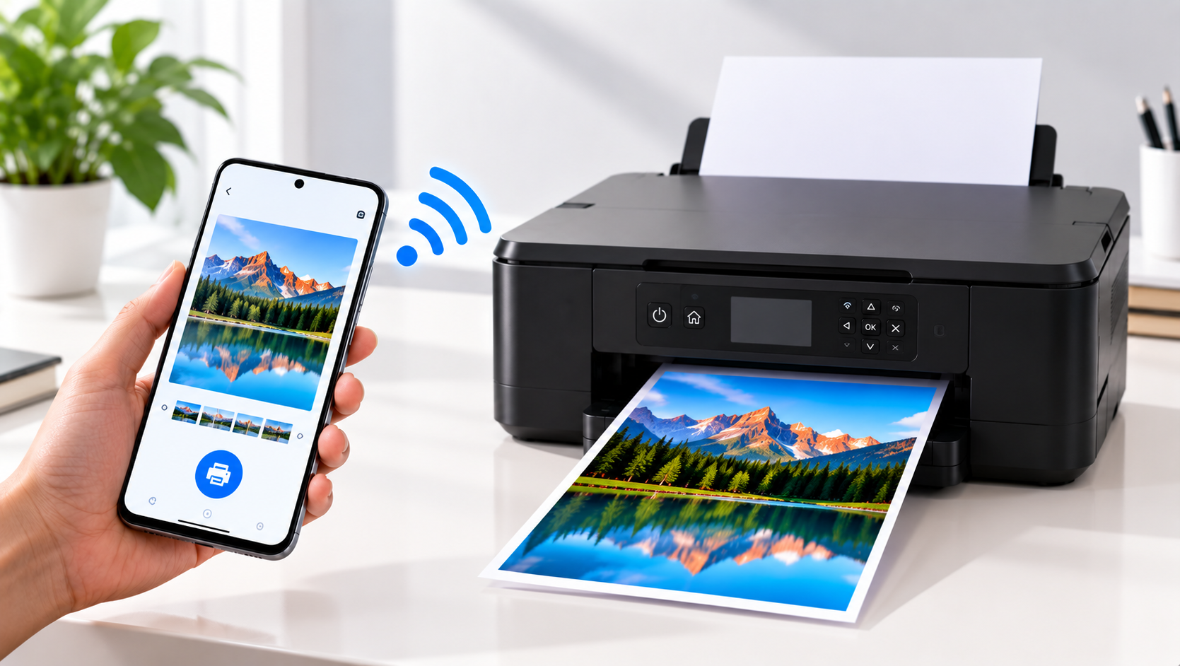 Android phone connected wirelessly to a printer and printing a photo on a clean office desk.