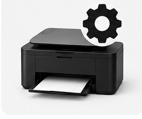 Image Alt Text: Black multifunction inkjet printer with paper tray and settings gear icon, representing printer setup, configuration, maintenance, and troubleshooting.
