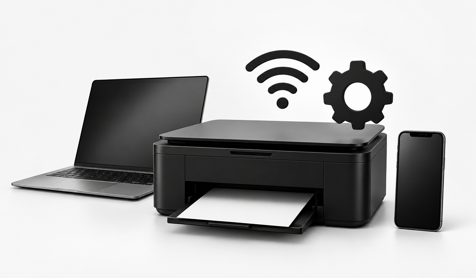 MacBook, iPhone, and wireless printer with Wi-Fi and settings icons illustrating Apple AirPrint setup, Mac and iPhone printing, and wireless printer connectivity.