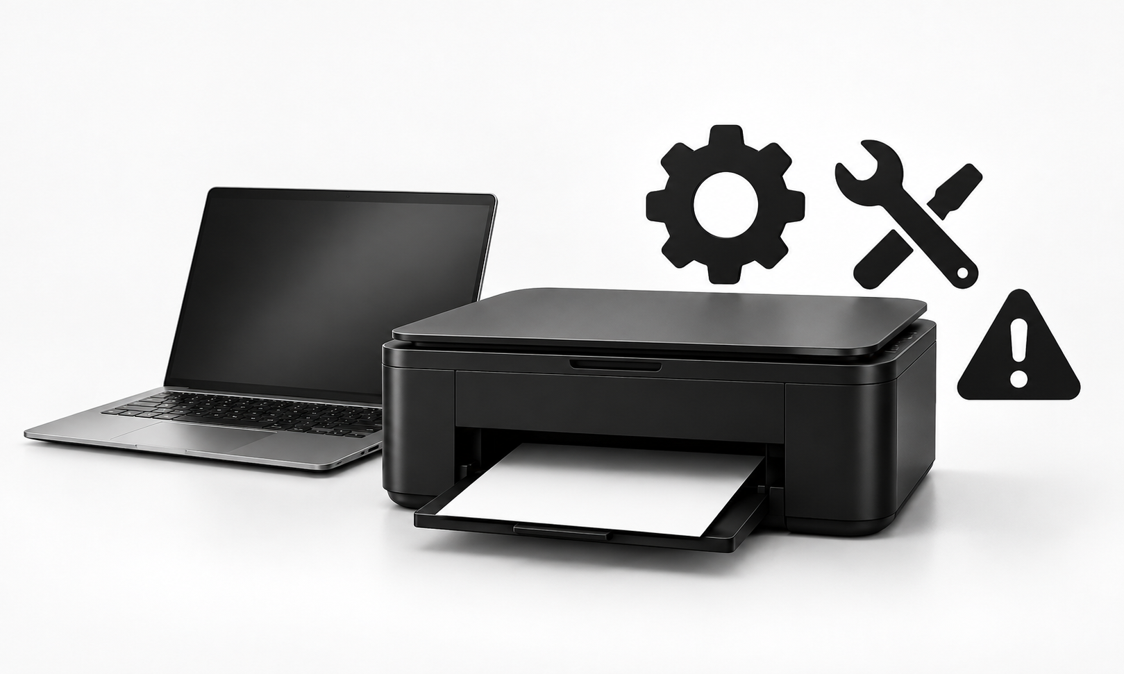Black wireless printer and Windows laptop with settings gear, repair tools, and warning icons illustrating Windows printer fixes, common printing problems, error troubleshooting, and easy solutions.