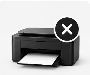 Black inkjet printer with a cross error icon, illustrating printer not working, printing failures, connection errors, and common printer troubleshooting issues.