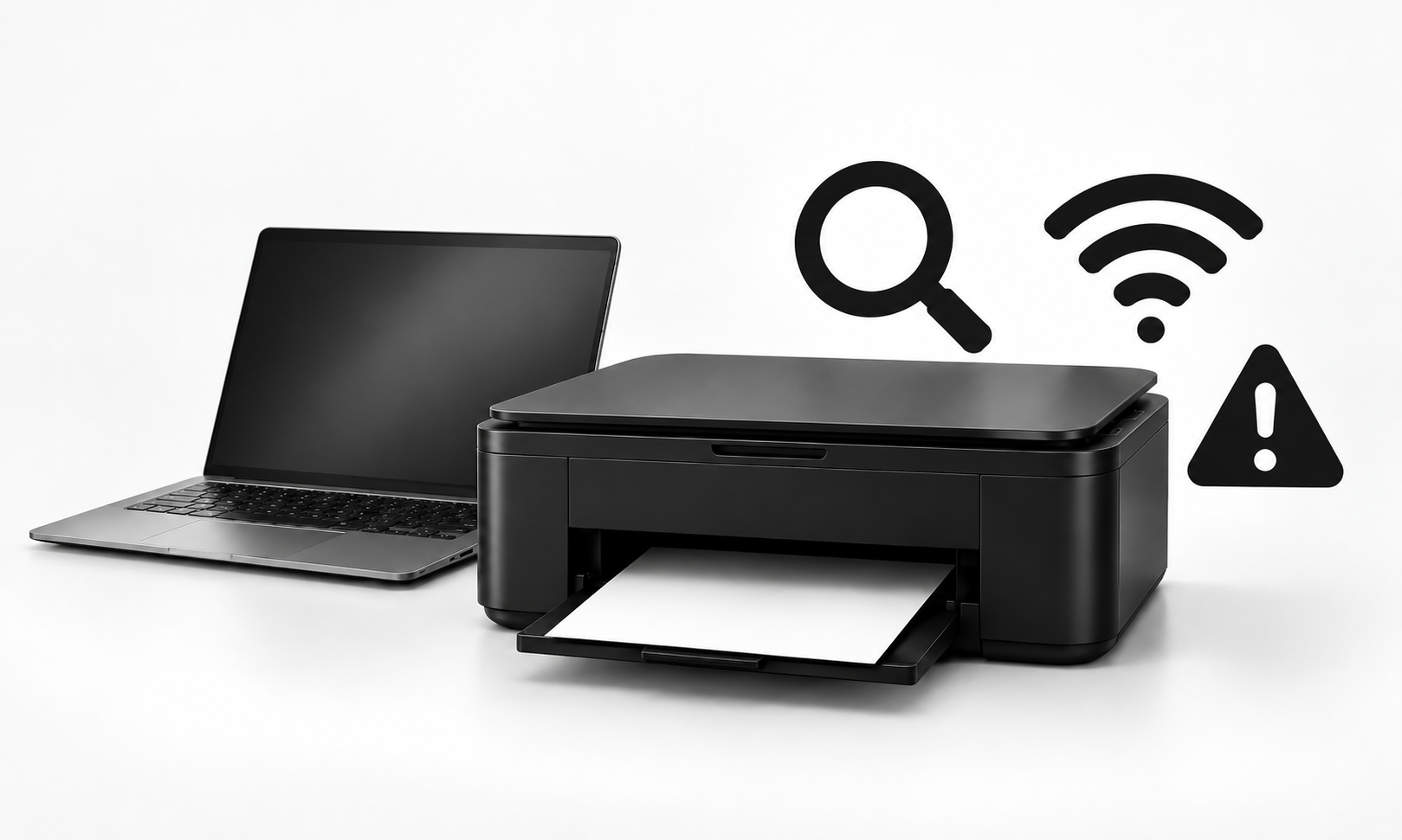 Black wireless printer and laptop with magnifying glass, Wi-Fi, and warning icons illustrating printer not found on device, connection errors, printer detection issues, and troubleshooting solutions.