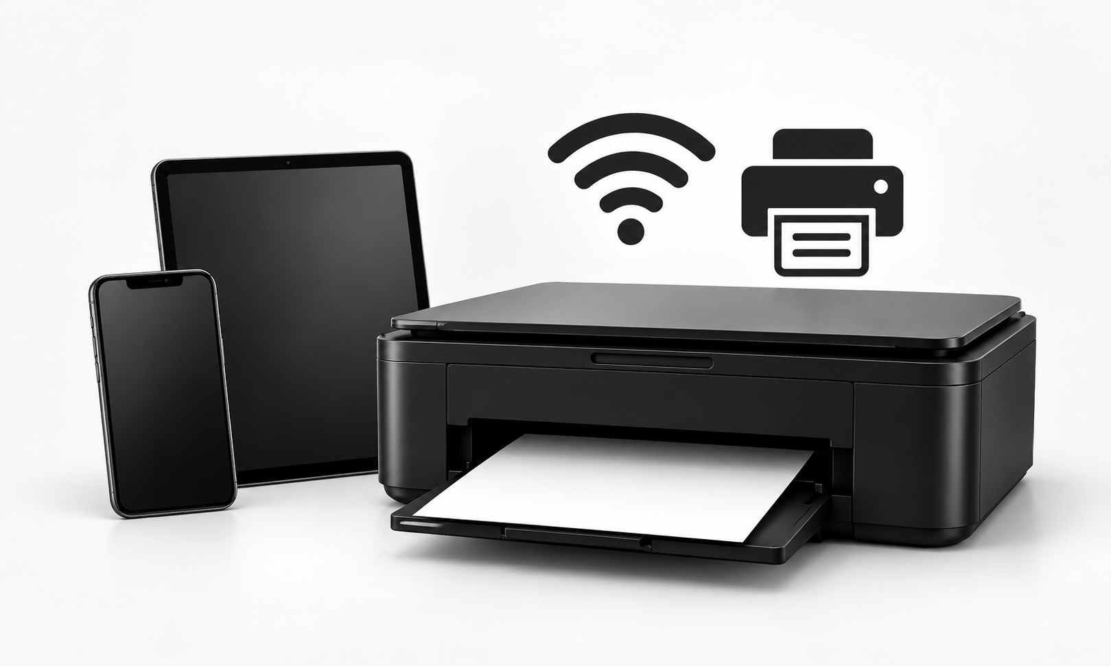 iPhone and iPad beside a black wireless printer with Wi-Fi and printing icons, illustrating Apple AirPrint setup and wireless printing of documents, photos, and PDFs from iOS devices.