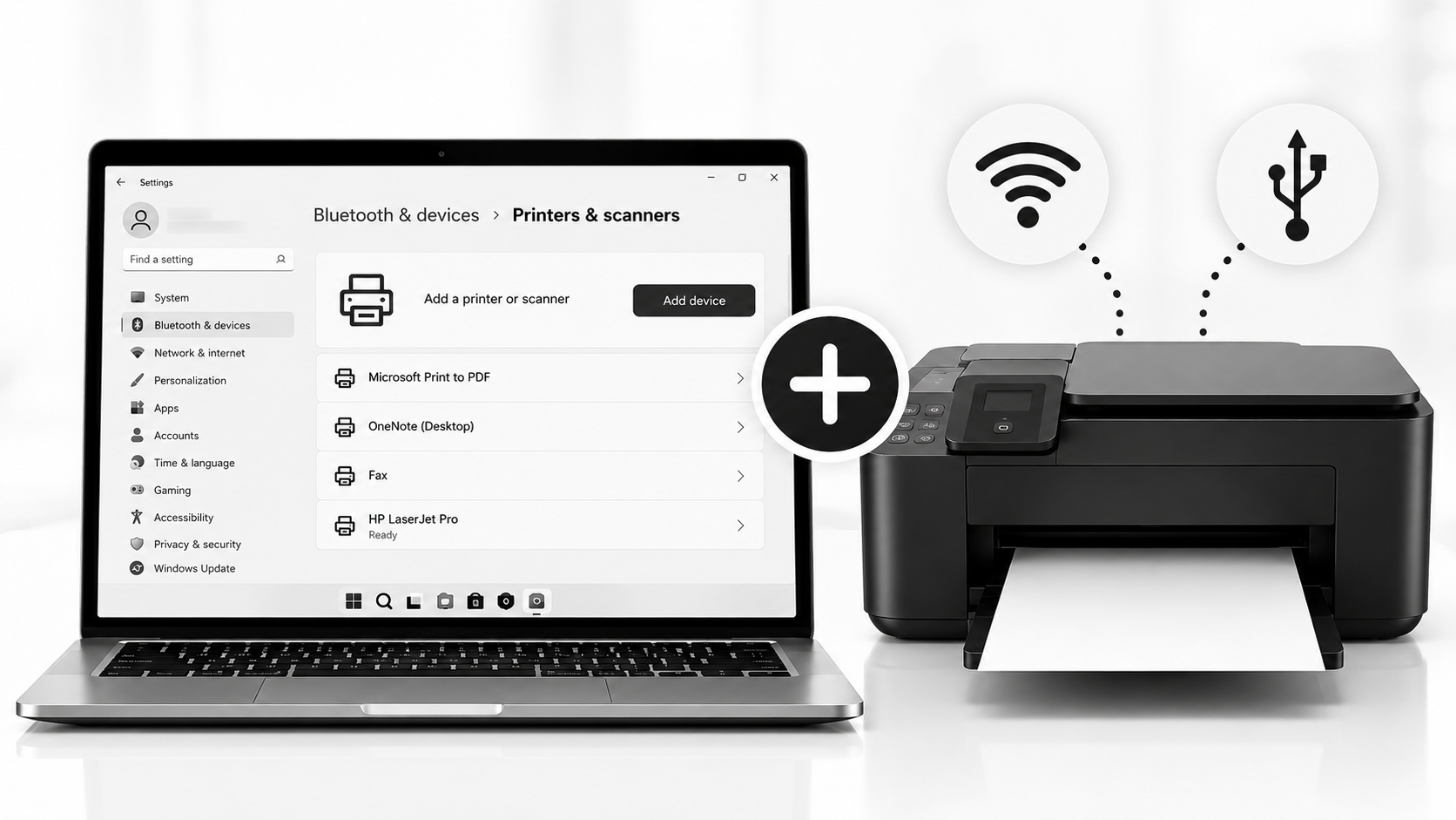 Windows 11 laptop displaying Printers & Scanners settings beside a black printer, with Wi-Fi, USB, and add icons illustrating how to add a network or USB printer in Windows 11.