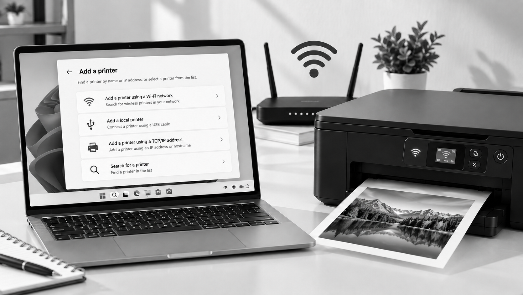 Wi-Fi printer setup with a Windows 11 laptop, wireless router, and connected printer printing a photo on a home network.