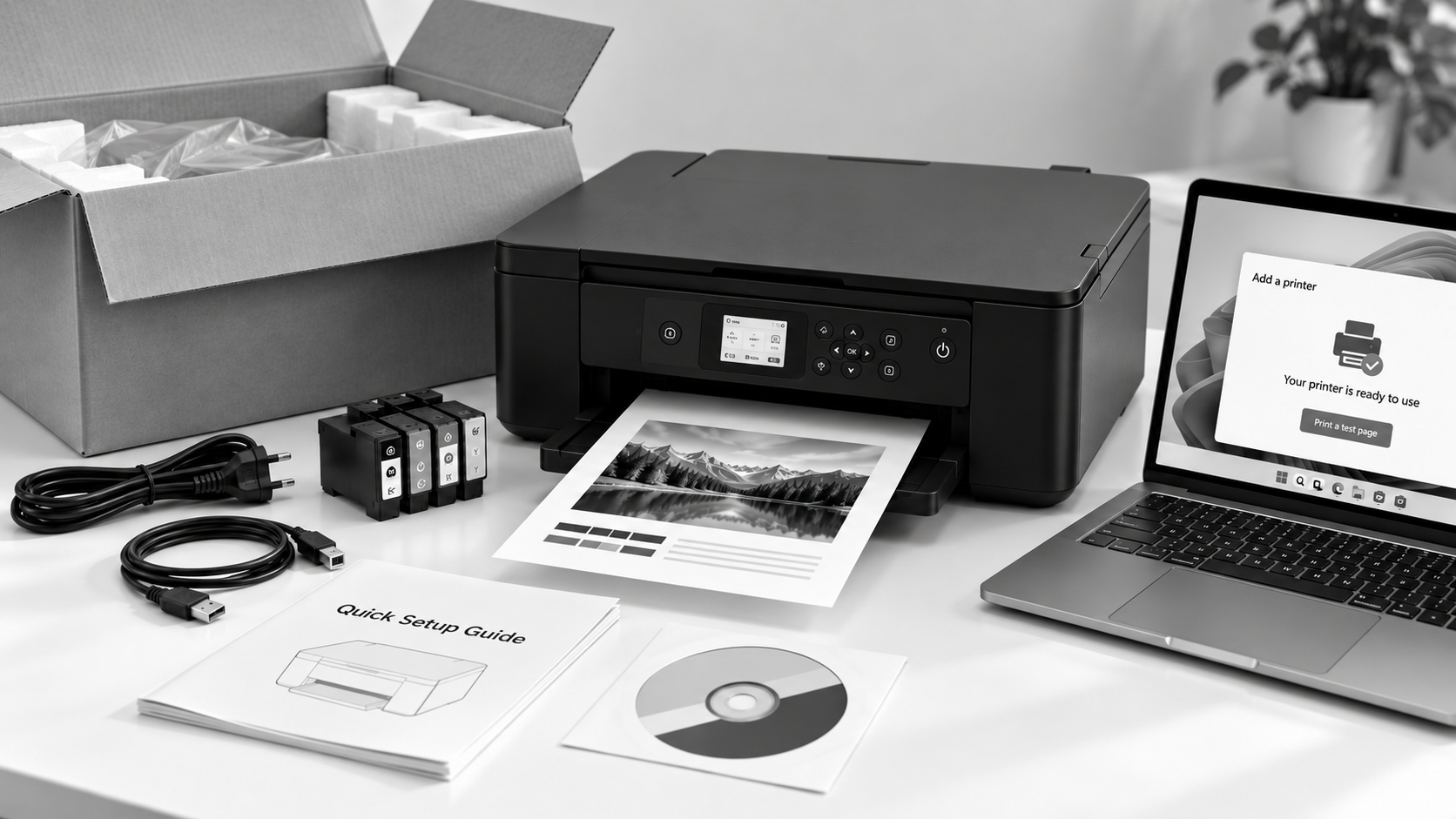 New printer setup from unboxing to first test page with printer, laptop, ink cartridges, cables, and setup guide.