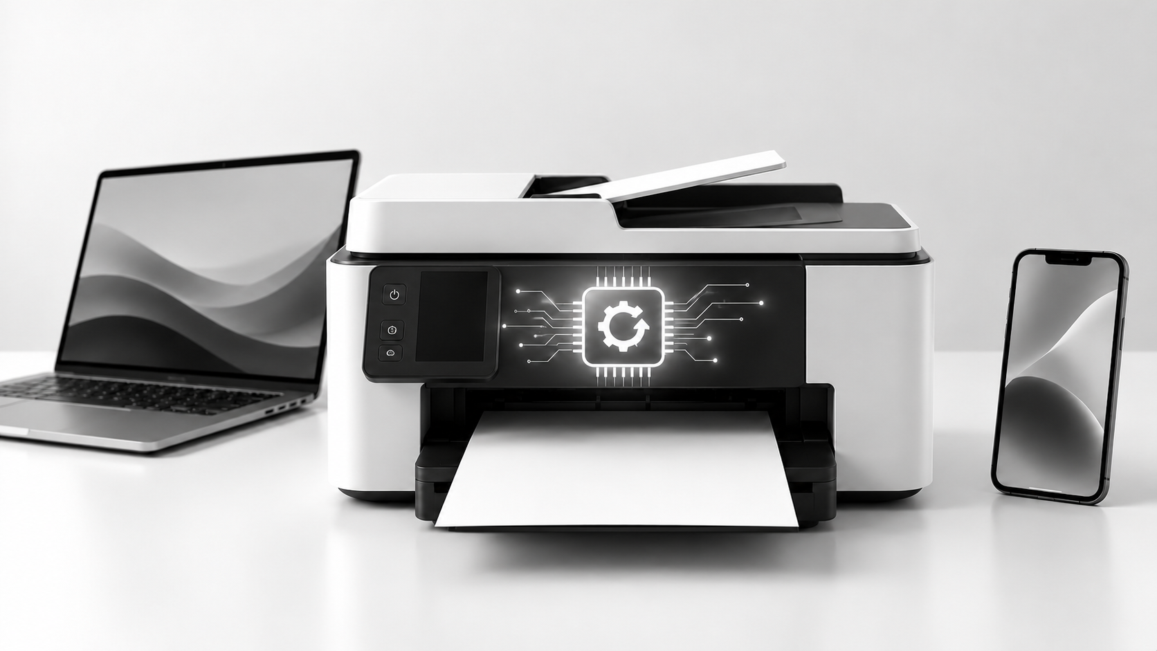 Modern printer with a firmware update icon on its display, alongside a laptop and smartphone on a clean background.