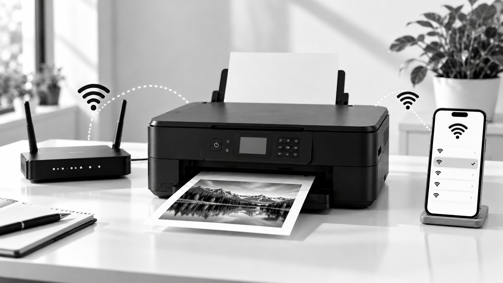 Wireless printer setup using home Wi-Fi and Wi-Fi Direct with a router, smartphone, and printer on a clean office desk.