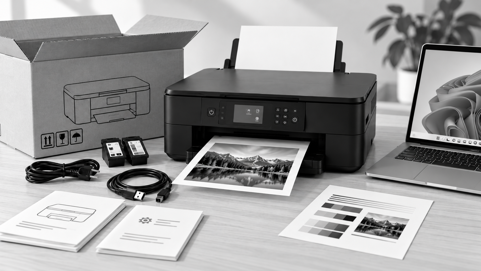Printer setup checklist showing unboxing, ink cartridges, cables, paper loading, laptop connection, and the first test page.