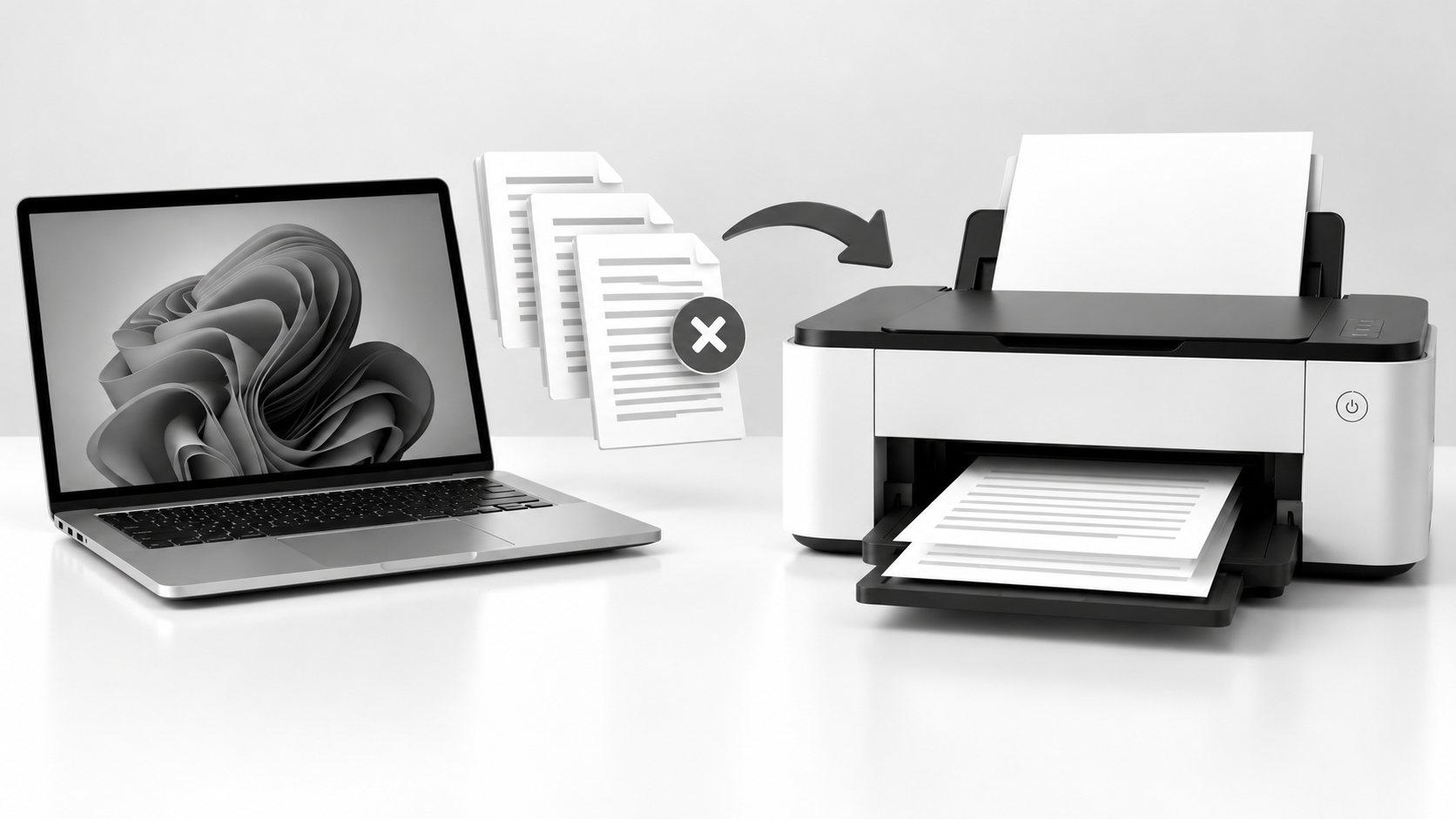 Windows 11 laptop showing a stuck print queue with documents and a cancel icon beside a modern printer.