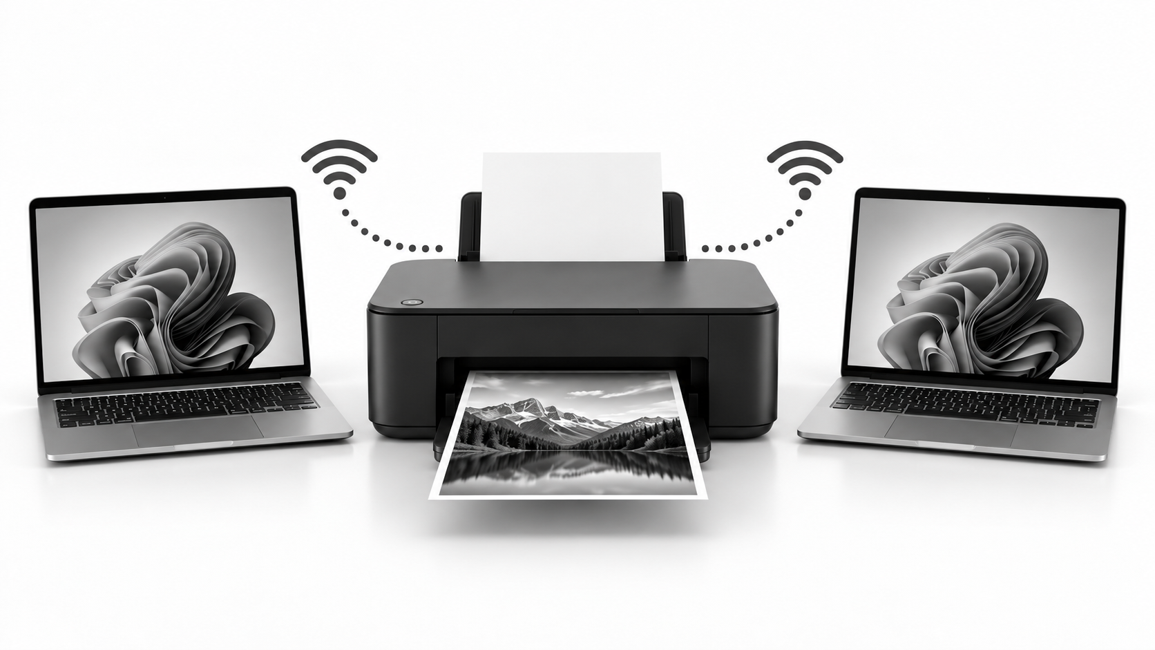 Two Windows computers sharing a wireless printer over Wi-Fi on a clean white background.