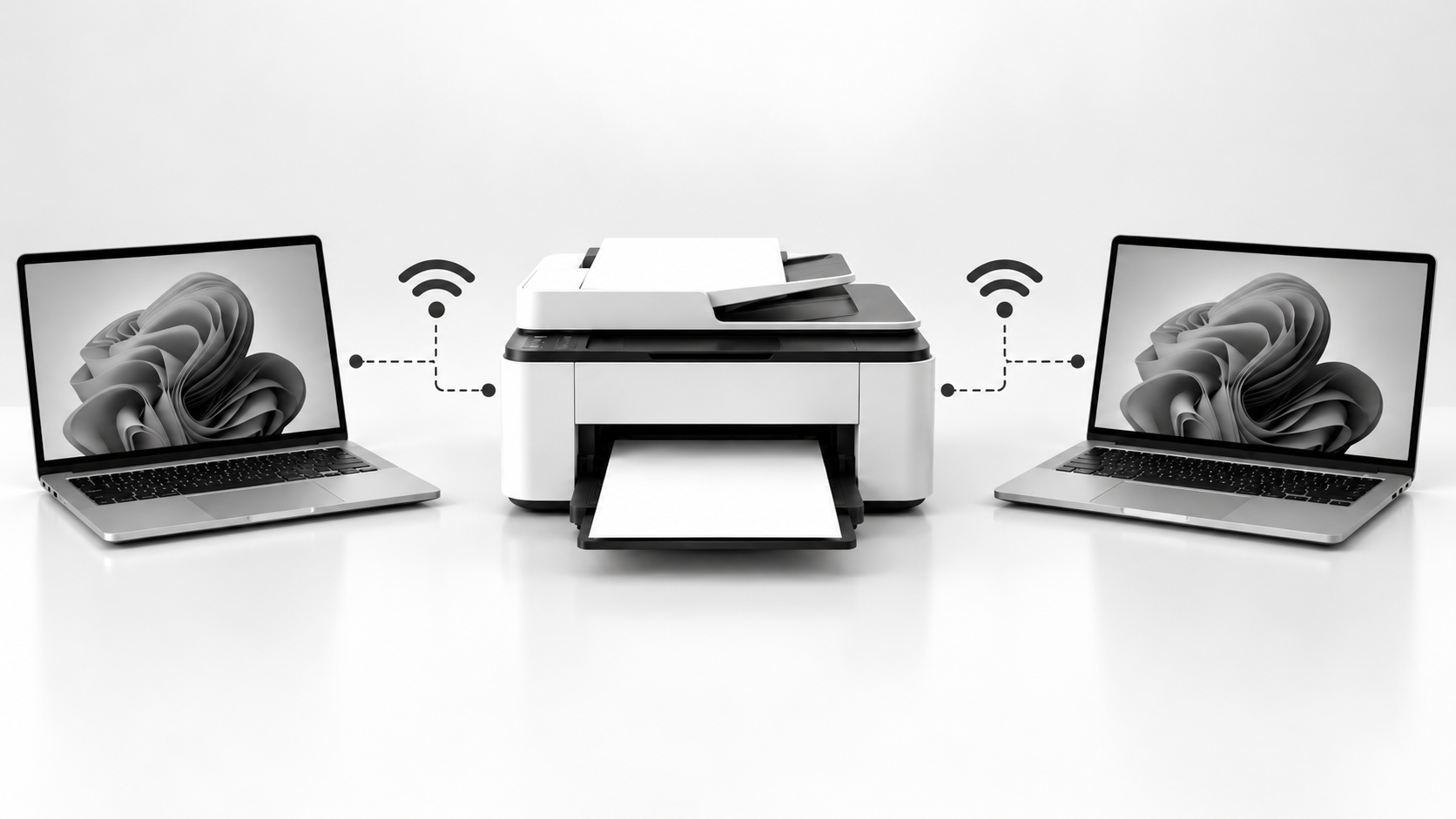 Two Windows computers connected to a shared printer over a network, illustrating printer sharing between Windows PCs.