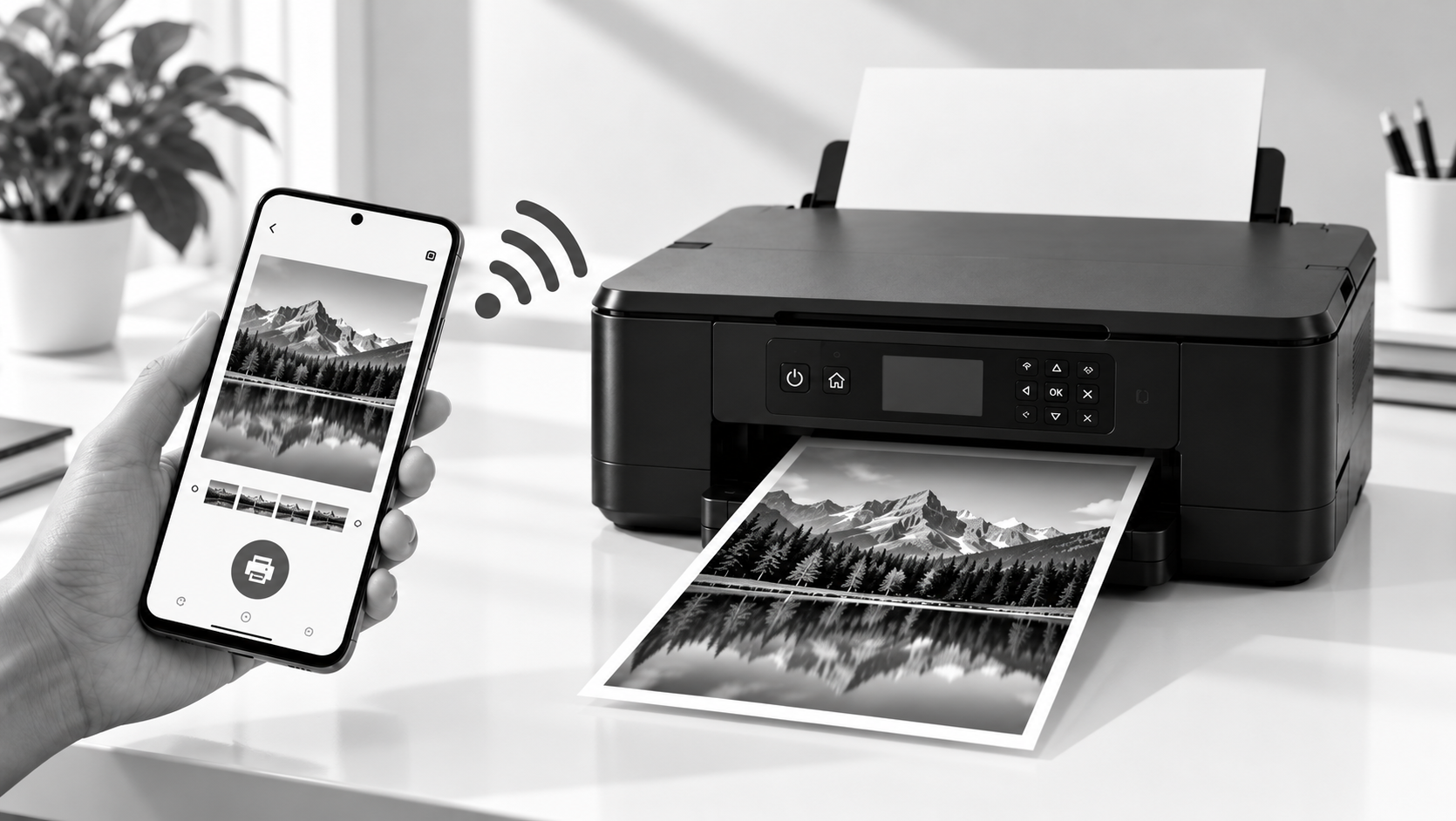 Android phone connected wirelessly to a printer and printing a photo on a clean office desk.